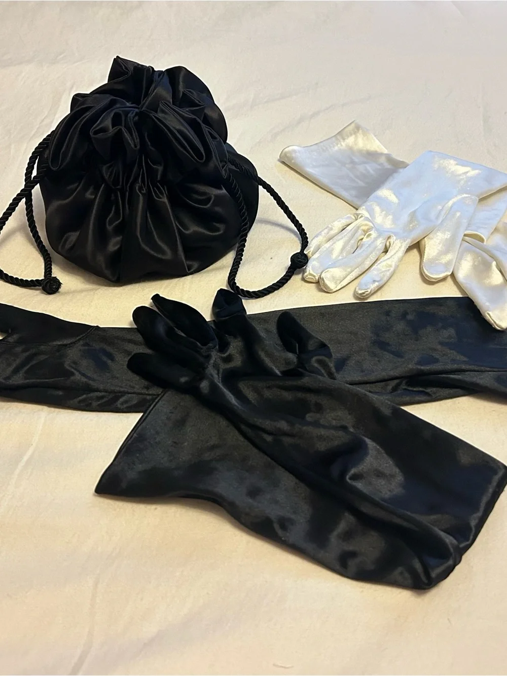 Black Satin Evening Drawstring Pouch W/ Two Elegant Evening Gloves